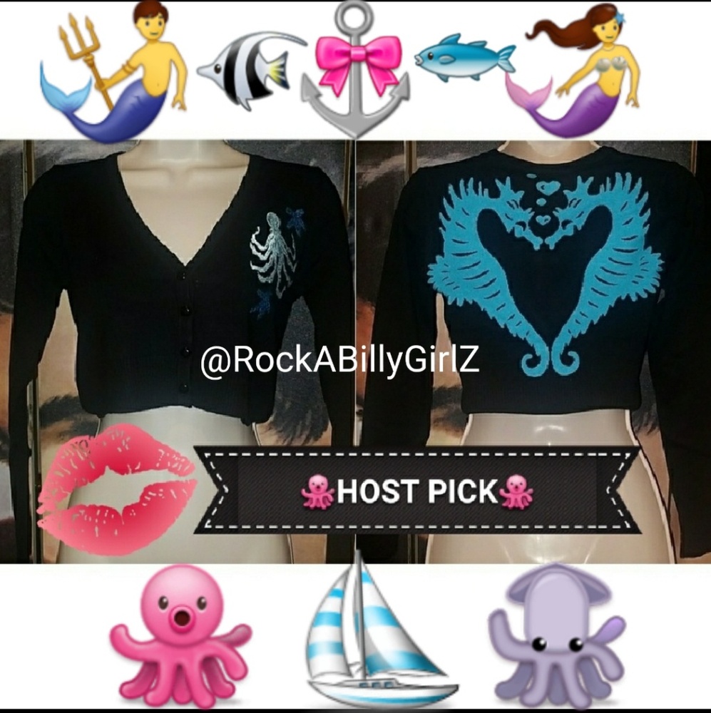 Too Fast Embroidered Octopus Starfish Cardigan w Kissing Seahorse Heart on Back